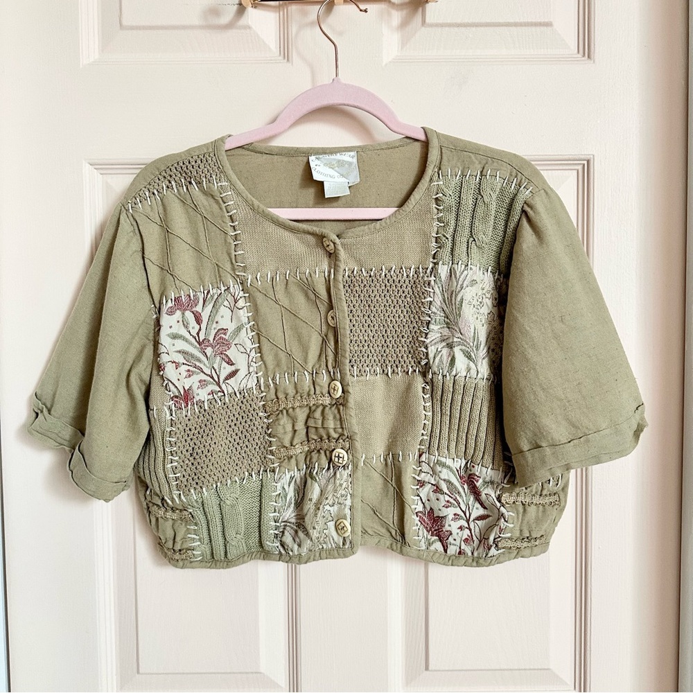 Vintage Olive Green Patchwork Button Front Cropped Top
